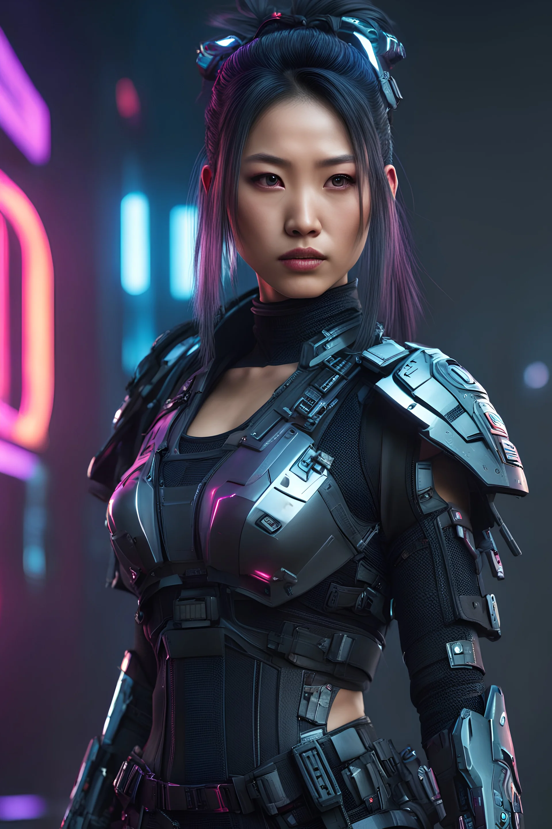 cyberpunk female Asian, weapon, warrior, 8k, high reality, high detailed.