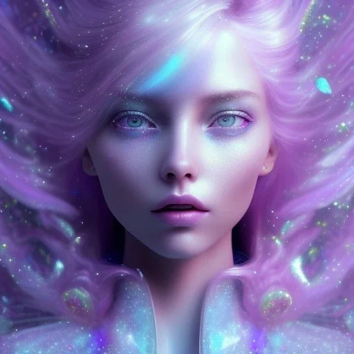 one big crystal glitter pink blue subtle galactic fairy in a galactic ambiance,glitter long blond hair down to the ground,transparent petals,blue eyes,delicate colors in the foreground, full of details, smooth，soft pink violet light atmosphere, light effect，vaporwave colorful, concept art, smooth, extremely sharp detail, finely tuned detail, ultra high definition, 8 k, unreal engine 5, ultra sharp focus