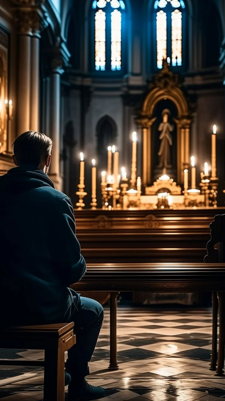 a rear view of a man sitting on a bench prying in the church facing a statue of Jesus on the cross and candles, show from the back