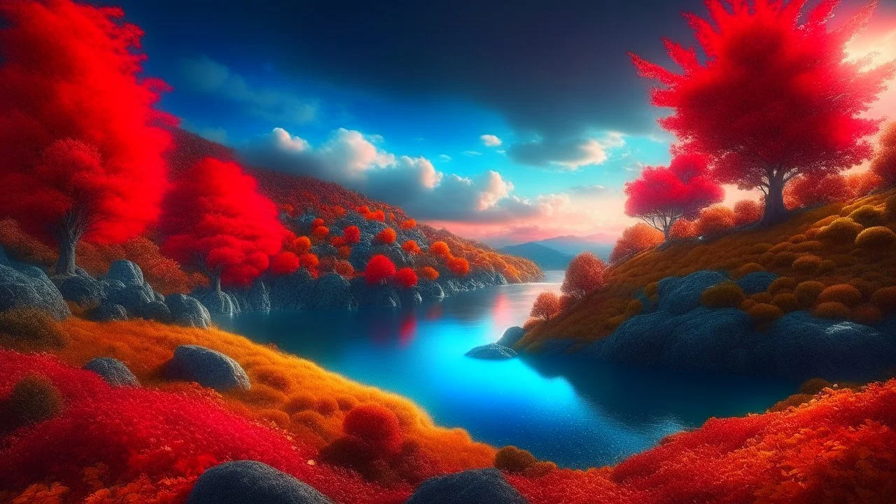 Masterpiece, best quality, high quality, extremely detailed CG unity 8k wallpaper, Crisp Autumn Fantasy Dusk landscape, outdoor, sky, clouds, sky, no humans, mountain, landscape, water, tree, blue sky, waterfall, cliff, nature, lake, river , cloudy skies, Forest, award winning photography, bokeh, depth of field, HDR, bloom, chromatic aberration, photorealism, very detailed, trending on artstation, trending on CGsociety, intricate, high detail, dramatic, half way art