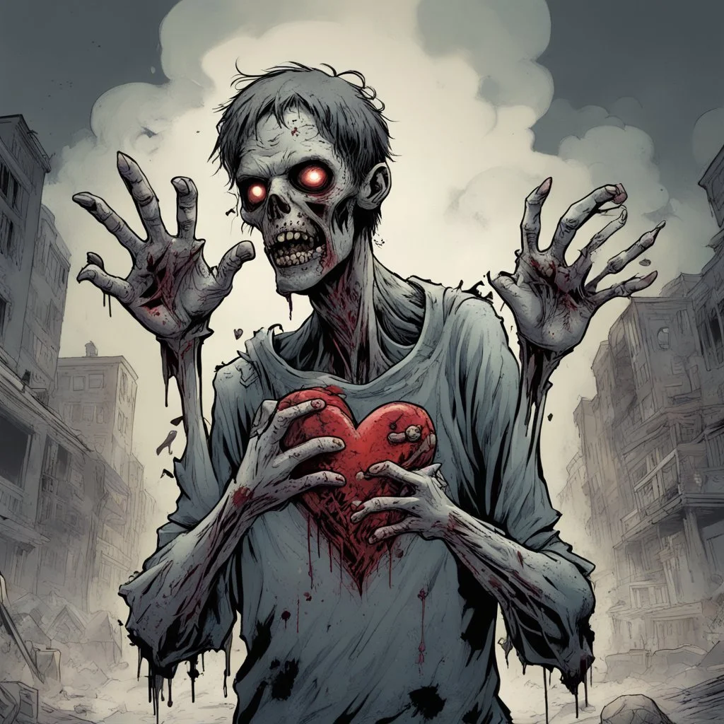 Zombie in a dystopia making the heart sign with his hands, concept art, ultra clear, ultra fine, artistically dramatic, complex contrast, modern comic book illustration, by Robert Kirkman, "The Walking Dead " comic book aesthetic, zombiecore