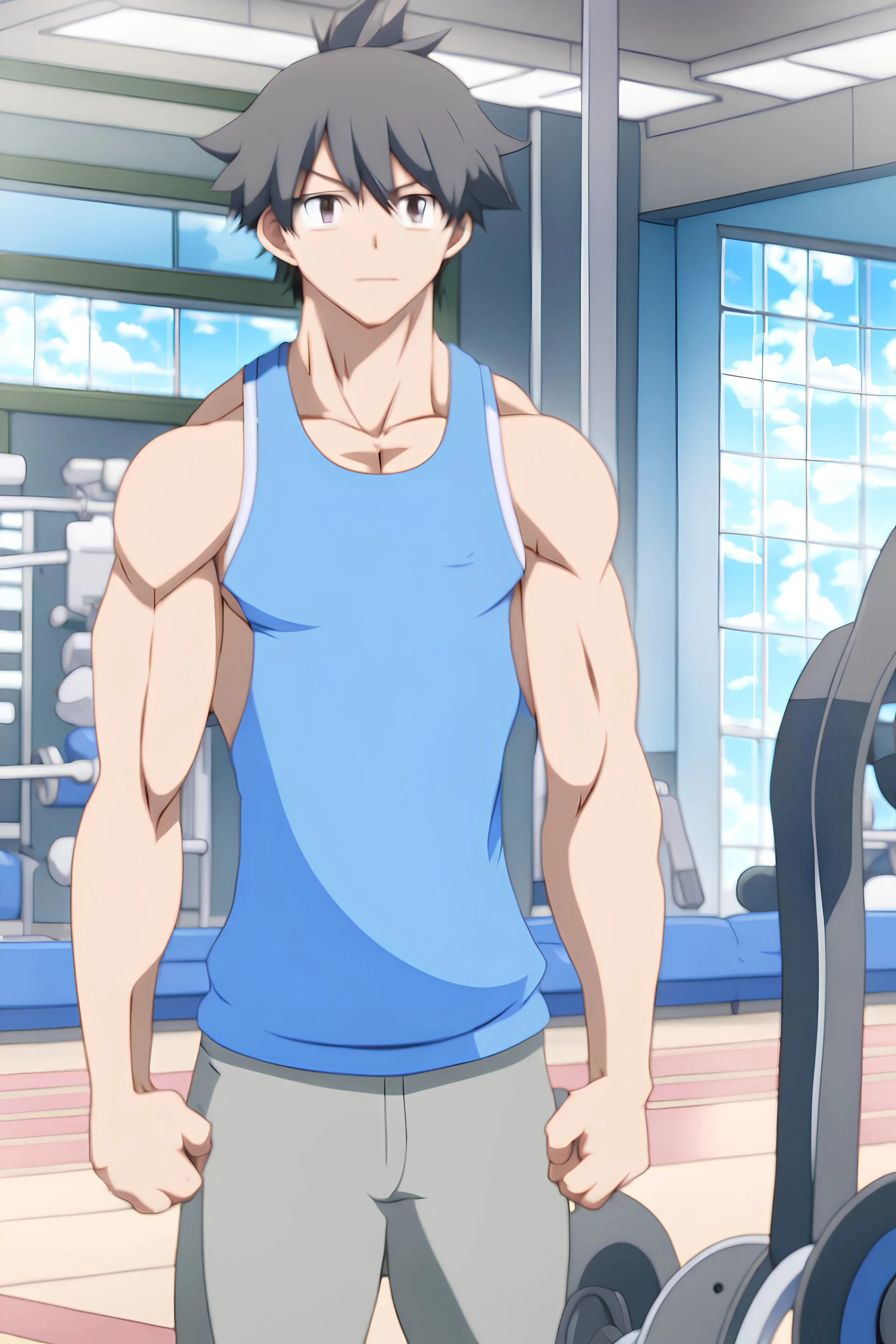 In the anime, a male character is in the fitness room.