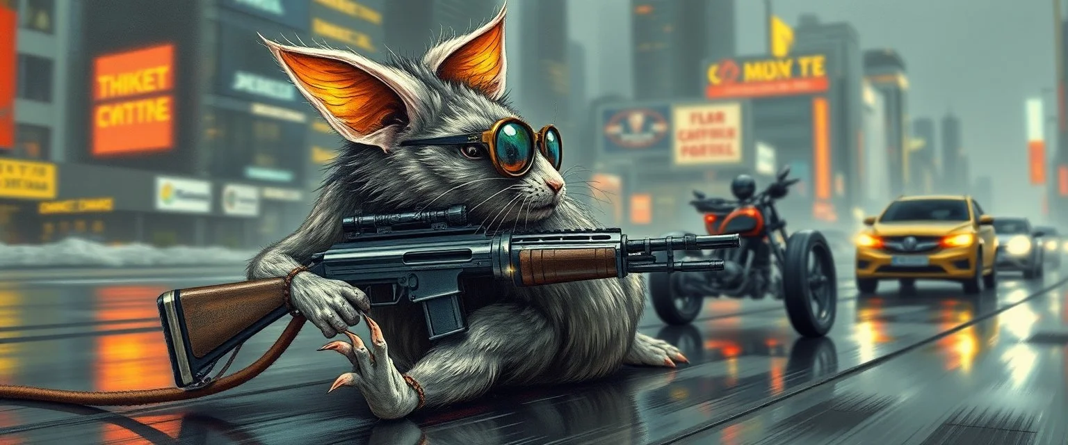 master oil painting by Rembrandt, pen outline and airbrush,the tilted quilter,glasses and ticks, cyberpunk imagery synchronized mechanical stylized fluffy gremlin wolf rat laying low holding a few guns barely hanging on, drumming kit flat power trike flickering stable core, wet reflective salt flat city, fast motion blur background, translucent tube cars, technocracy mega tv