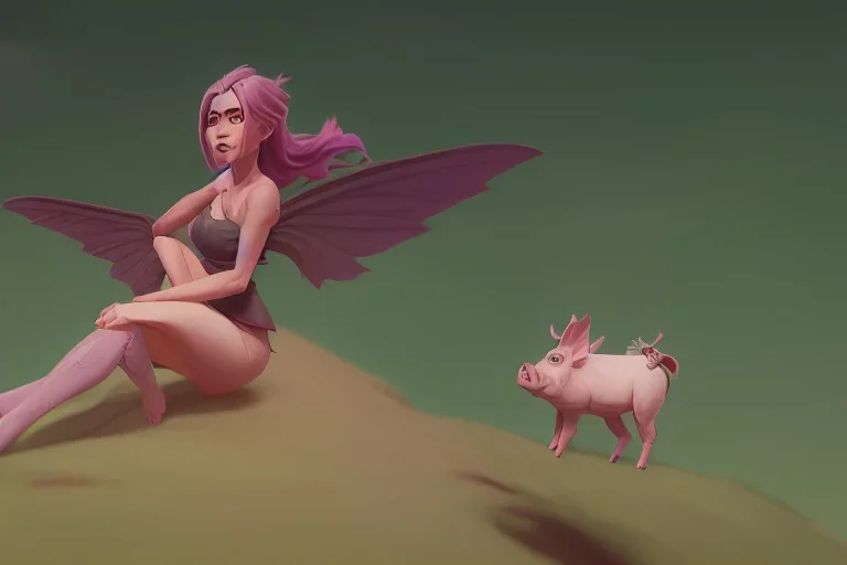 a tiny femals fairy on top of a large pig