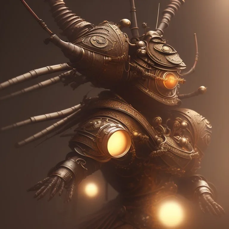 close-up of a insect with samurai armor in a low-light city street with laterns, realistic, steampunk, 3d-art, futuristic, minimal design, unreal engine