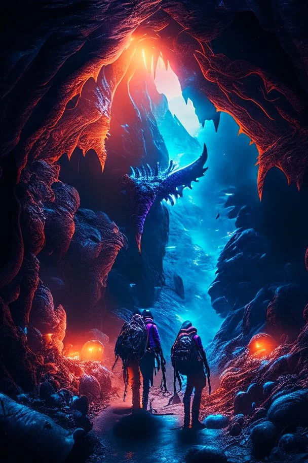 hyper realistic fantasy apocalyptic survivors narrowly navigating the dangerous creatures underworld caverns: vibrant, vivid, breath taking, ominous, surreal, ambiance, atmospheric, centered photo, Intricate 8k Textures, Hyper realistic, stunning realistic photograph, 3d octane render, trending on artstation, Centered realistic cover photo, Hyper Realistic, awesome, full color, dark, Ultra high definition, cinematic, neoprene, masterpiece, ultra sharp focus, Unreal Engine 5, Nanite, even, unifie