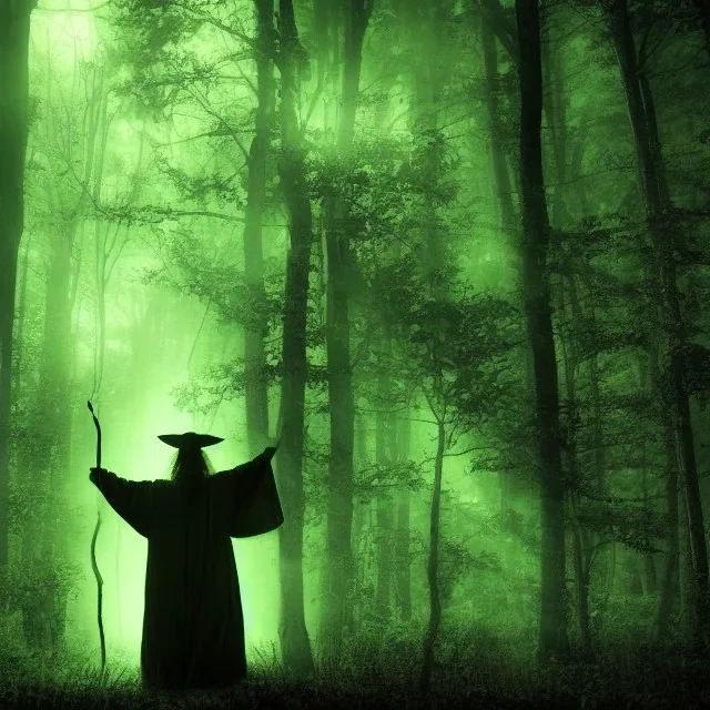 wizard in woods casting spell, dark magic, green glow, midnight