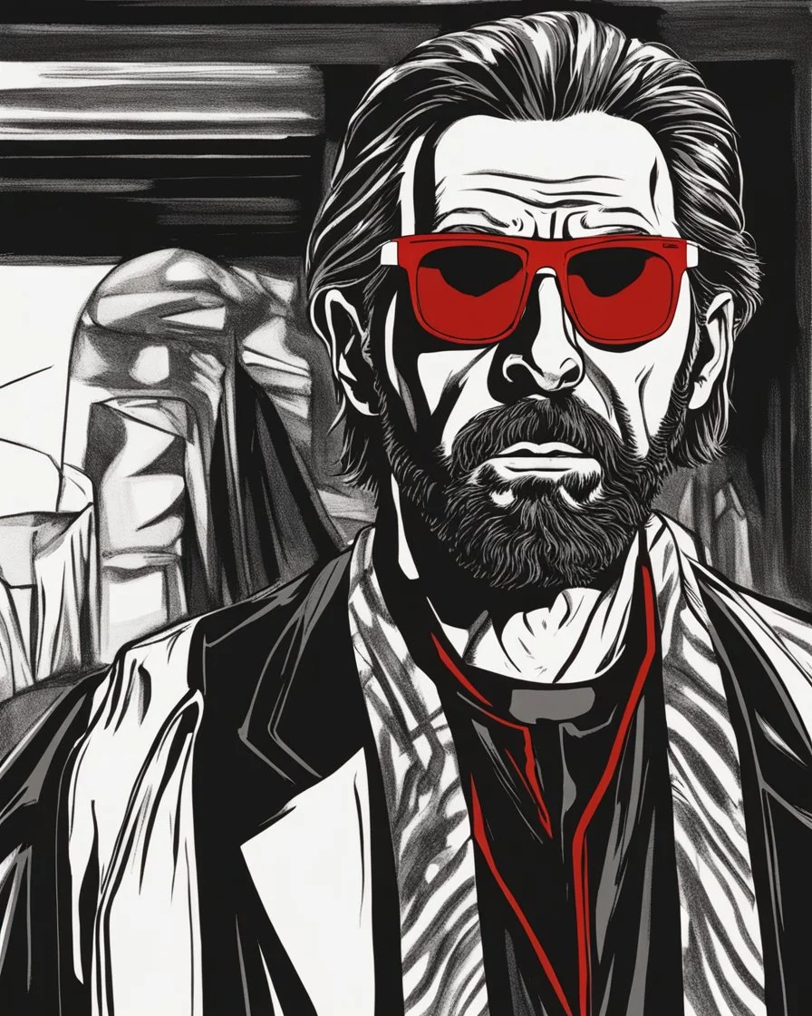 hans gruber as a judgmental priest wearing red sunglasses