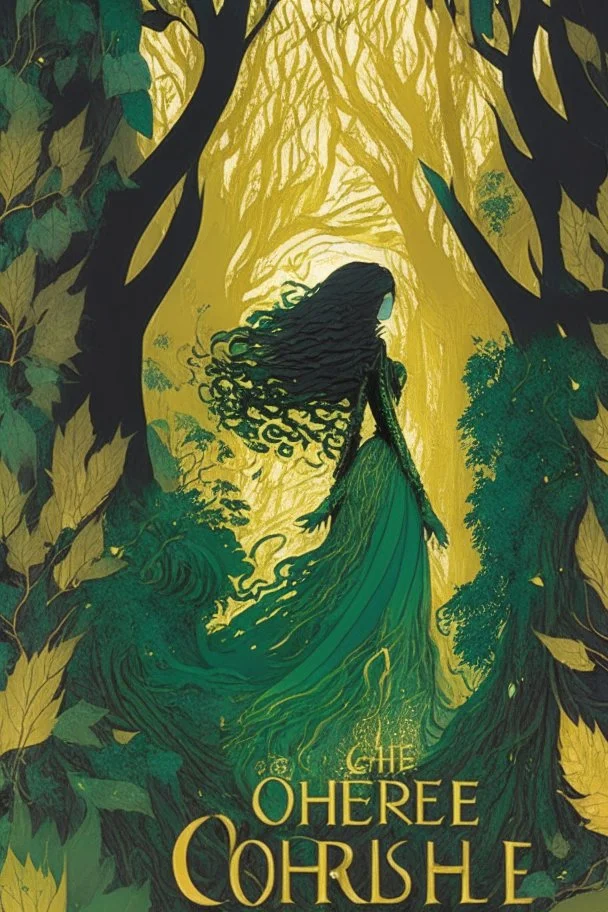 book cover, In the heart of a dense and enigmatic forest with towering ancient trees cloaked in emerald, yellow and amber foliage stands a witch possessing an ethereal allure her lustrous hair cascading in ebony waves down to her slender waist