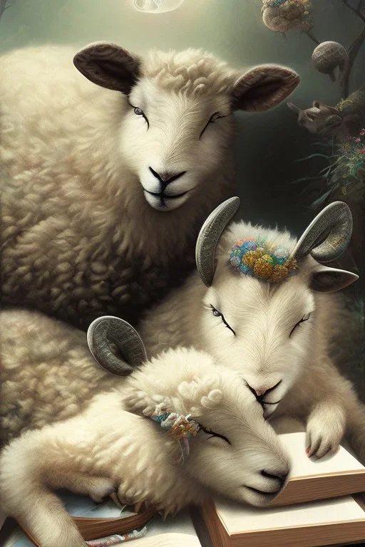 one black sheep reads a book on other site white sheep herd sleep