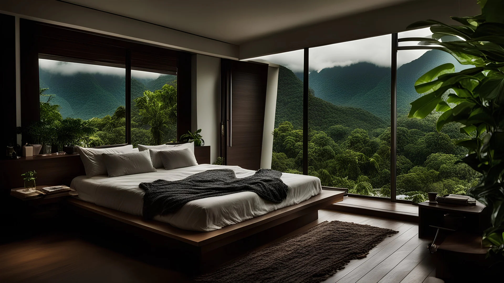 rio, brazil, cozy, comfy, warm, interior, room, nature, hot, light wood, bedroom, room, morning, detailed, plants, river, dark bed, storm