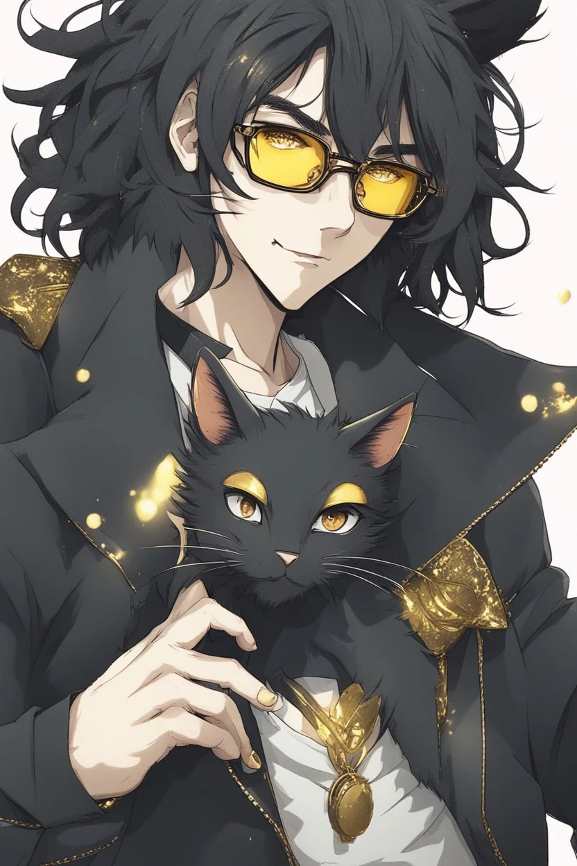 Anime style man with messy black hair and black cat ears. gold eyes. Glasses