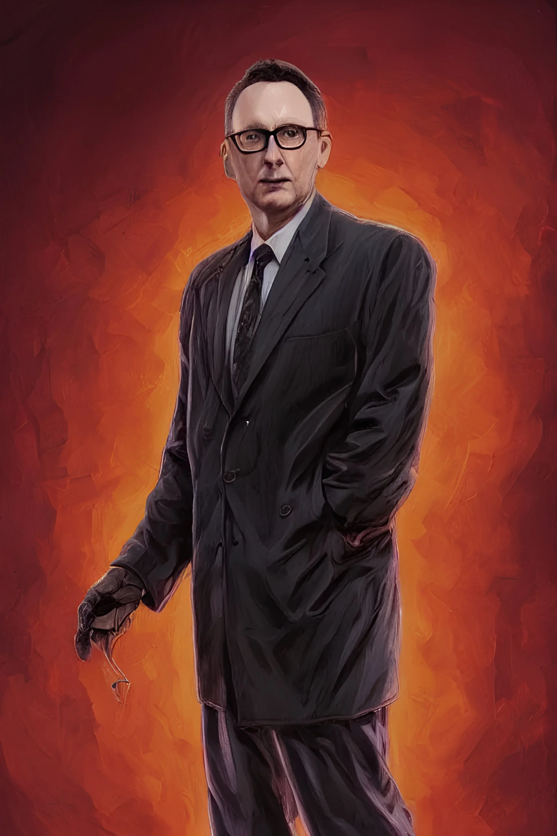 portrait of michael emerson as leland townsend in evil, highly detailed, centered, solid color background, digital painting, artstation, concept art, smooth, sharp focus, illustration, artgerm, donato giancola, basil gogos, joseph christian leyendecker, les edwards, ed repka, ominous, wlop 