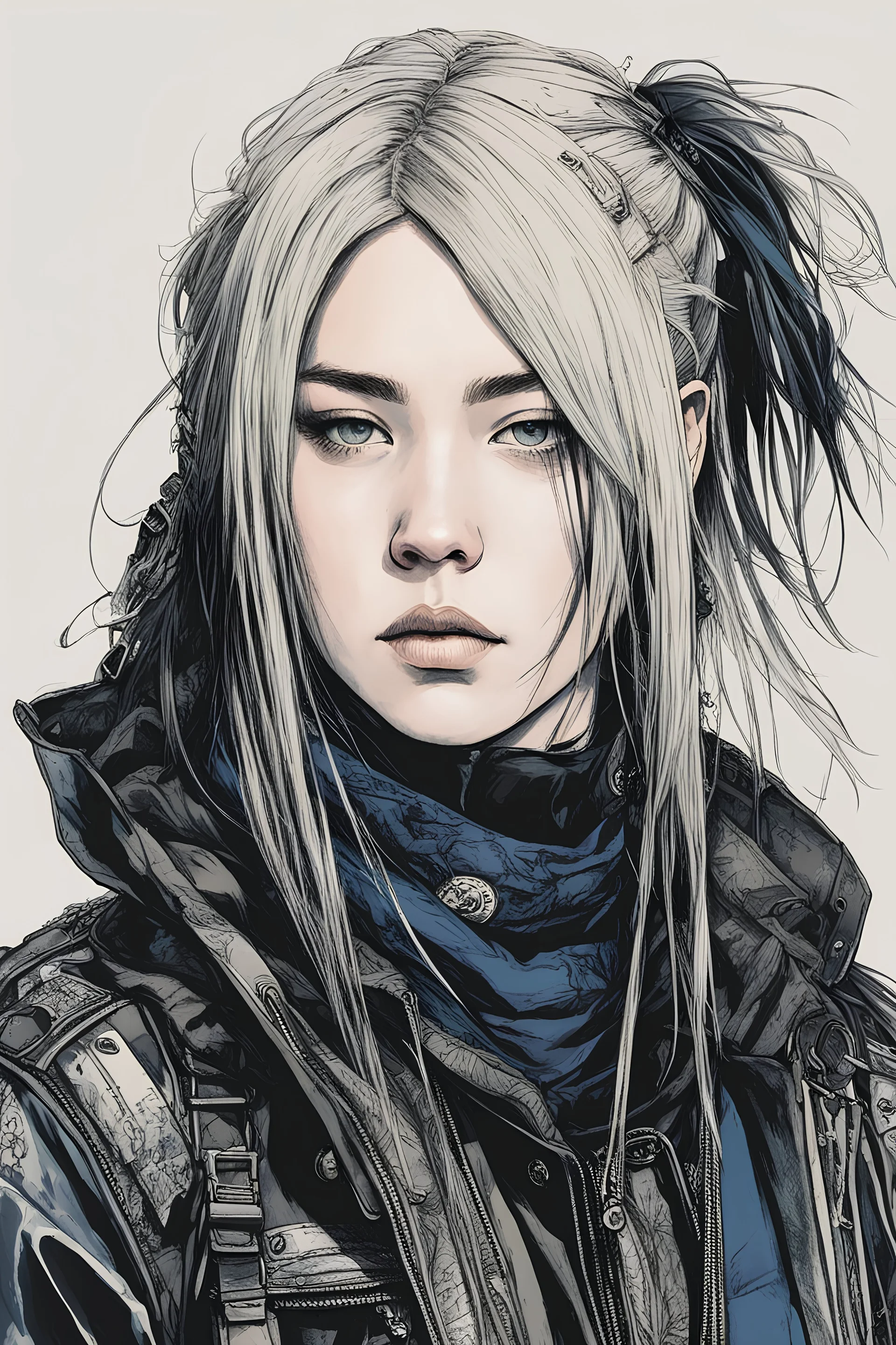 Billie Eilish as a goth punk mercenary huge girl, illustration by Yoji Shinkawa and Katsushika Hokusai, finely detailed facial features, finely drawn and inked, 4k, symmetric, hyperdetailed , obsidian and metallic blue tones