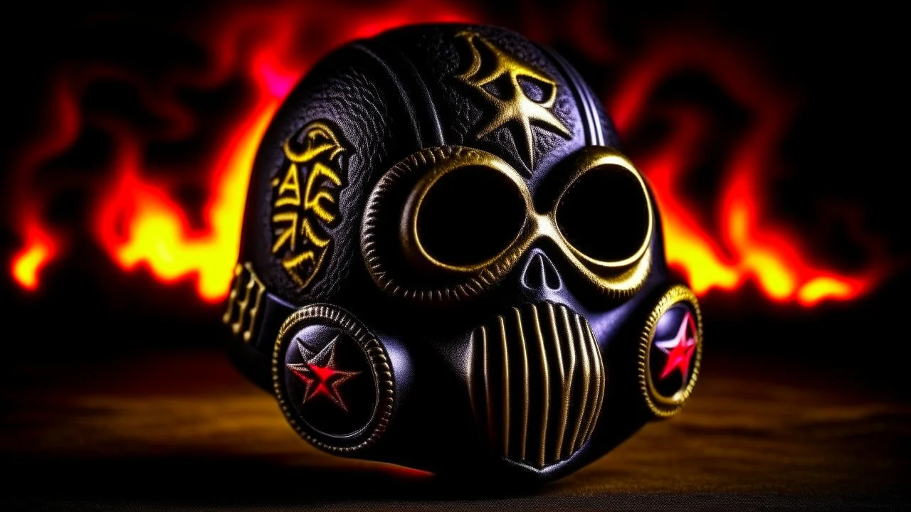 Masque a gaz militaire, 4k full detail, realistic, émission radio logo hardrock pentagram firestarter tribute to Black sabbath flammes en fond