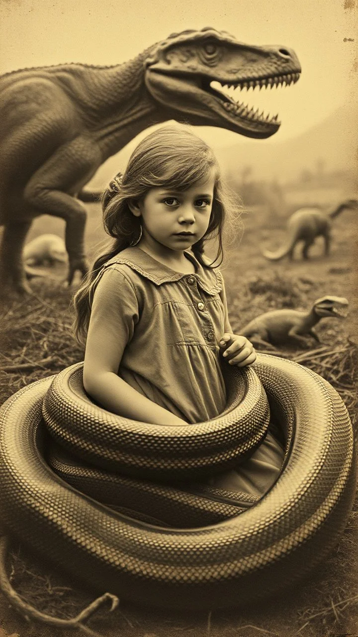 An old picture style of brown and white mono tone picture very bad quality looks very old camera picture of a girl surrounded snake around her the year 1900 in the background from a distance dinosaurs