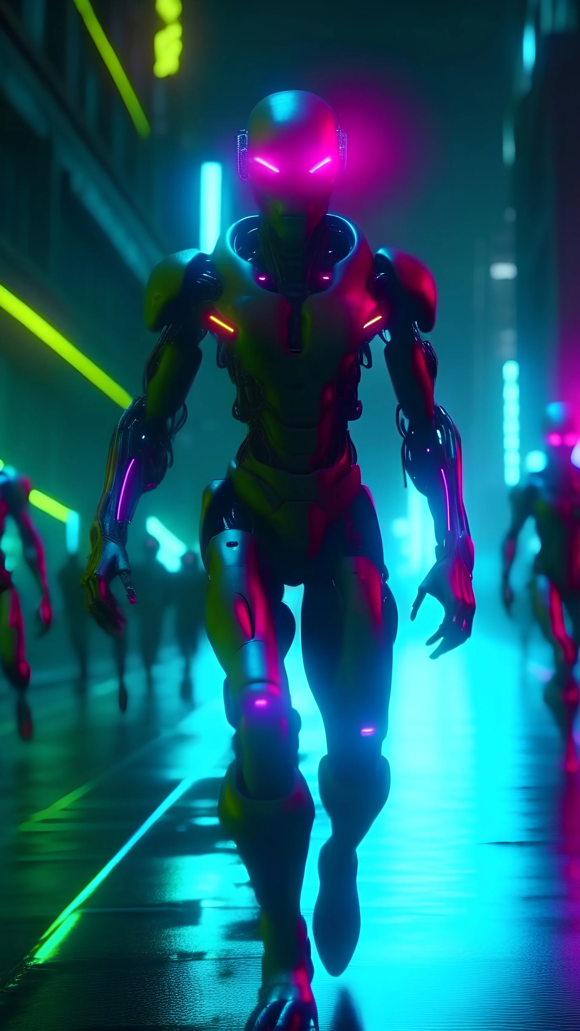 scary humanoid bots running towards the camera, desperation, crazy, cyberpunk city, neon lights digital art, 4k