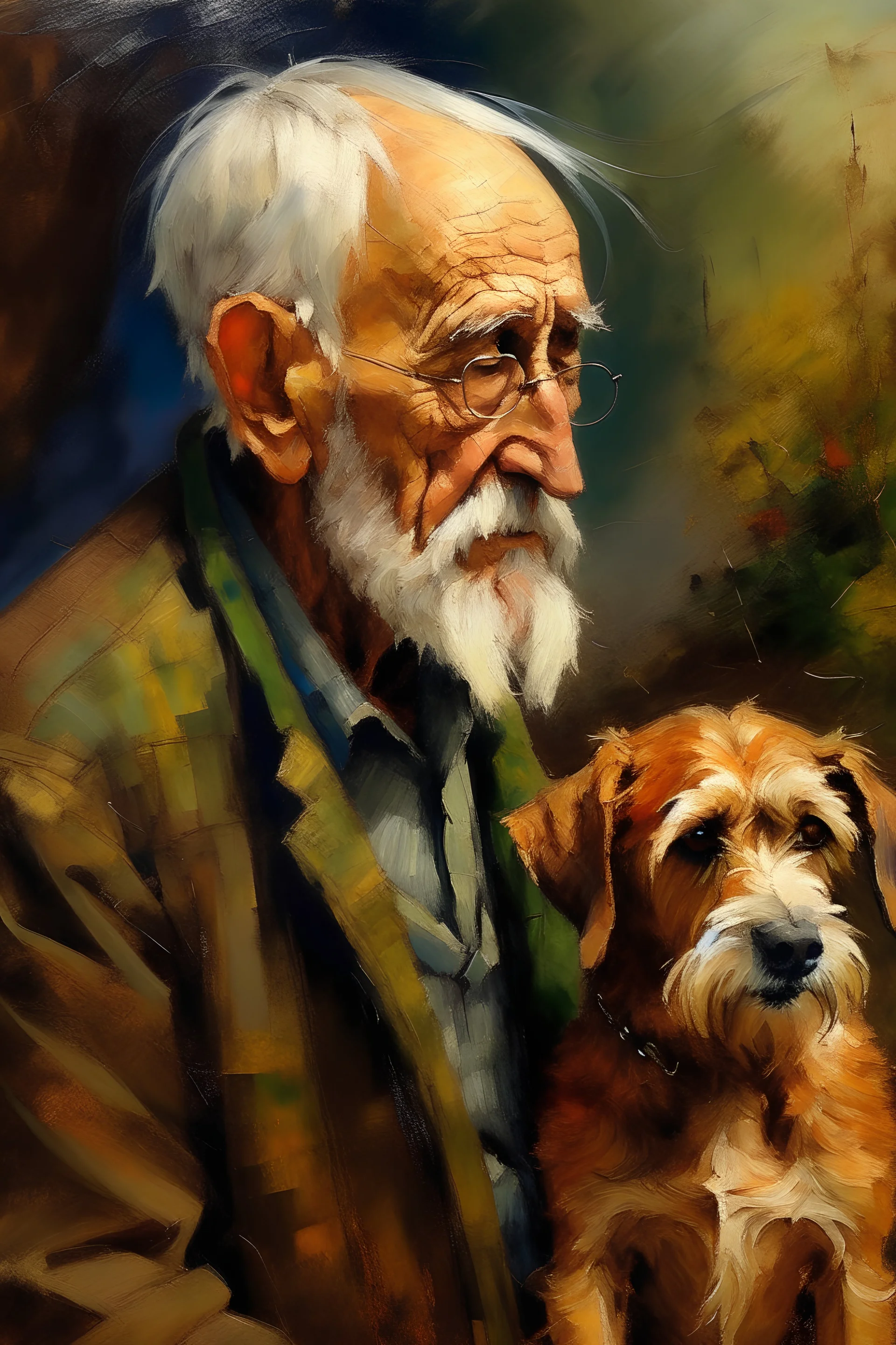 Retrato de plano medio de hombre viejo sin barbamirando para abajo con su perro en óleo ,impresionista