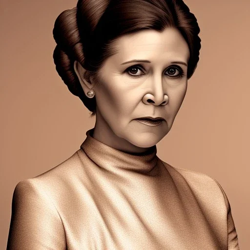 half-length portrait, three-quarter face pose of carrie fisher as Princess Leia with photo realistic fine and very simple short hair, entrancing deep brown eyes, Nikon D850,ef 85mm 5.6, Intricate, High Detail, Sharp focus, realism, beautiful and detailed lighting, by Annie Leibovitz