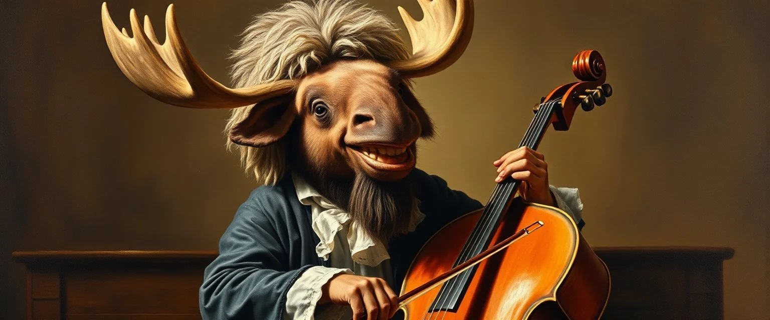 master oil painting by Rembrandt, laughing happy opera mozart maestro moose with a wig, playing big big cello piano