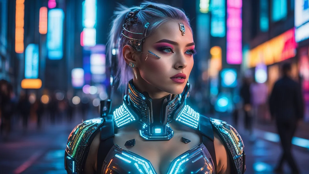 ((futuristic fashion, young woman, cyberpunk cityscape), high-tech accessories, neon lighting, holographic elements), silver reflective clothing, glowing tattoos, LED eyelashes, 4k, ultra-detailed, sharp focus, professional photograph, dynamic composition, bustling cyber streets, bokeh lights, night time, Blade Runner inspired, trending on ArtStation, long exposure, Nikon Z7, 85mm lens, f/1.4