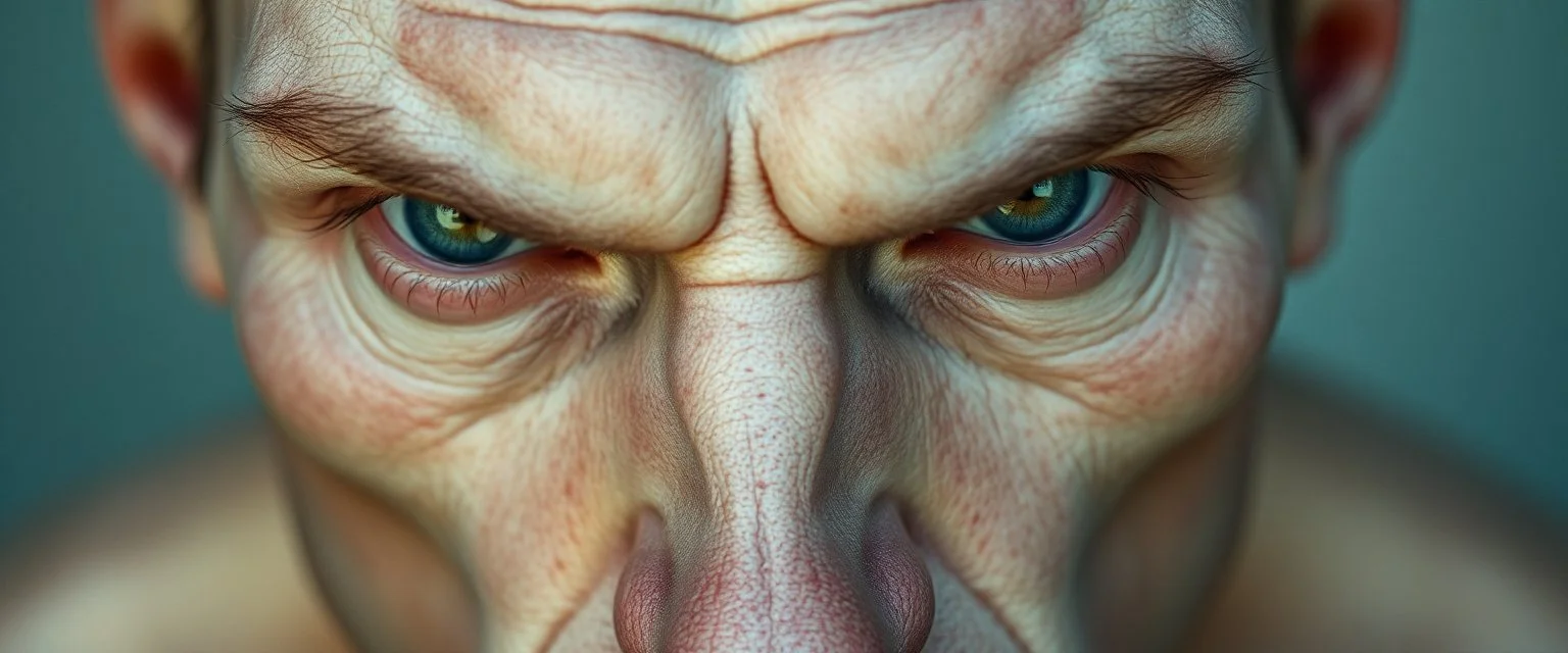 close up portrait with smooth grainy skin fine pores and real skin texture, clear transparent skin, wise eyes, hairy macho orc disco albino limbo