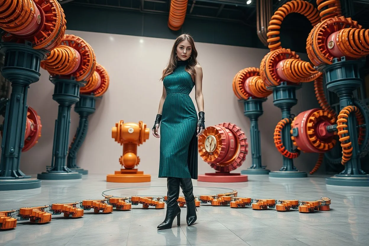 beautiful full body with long boots and midi dress lady in surreal stage made of fractal random size mechanical basic objects with helical strip colors,geers, in clothing similar to environment full body posing to camera