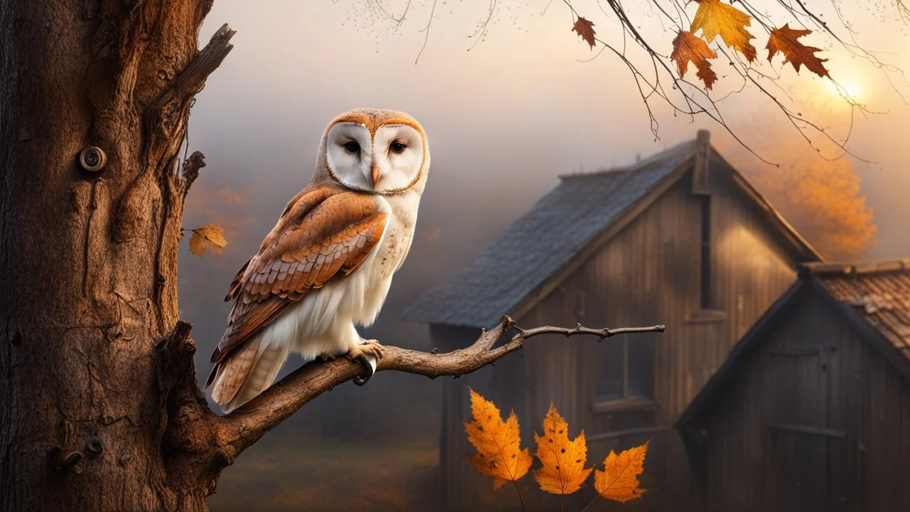 a barn owl sitting on a tree branch and looks into the poor village room through the window, mystic fog, autumn, rain, little light, sunset, high detailed, sharp focuses, photorealistic, perspective, cinematic, dramatic vibe