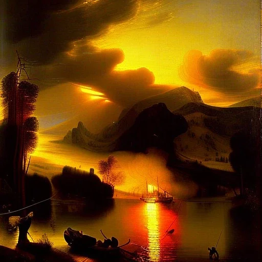 Rembrandt Painting of Raging River at sunrise in alaska