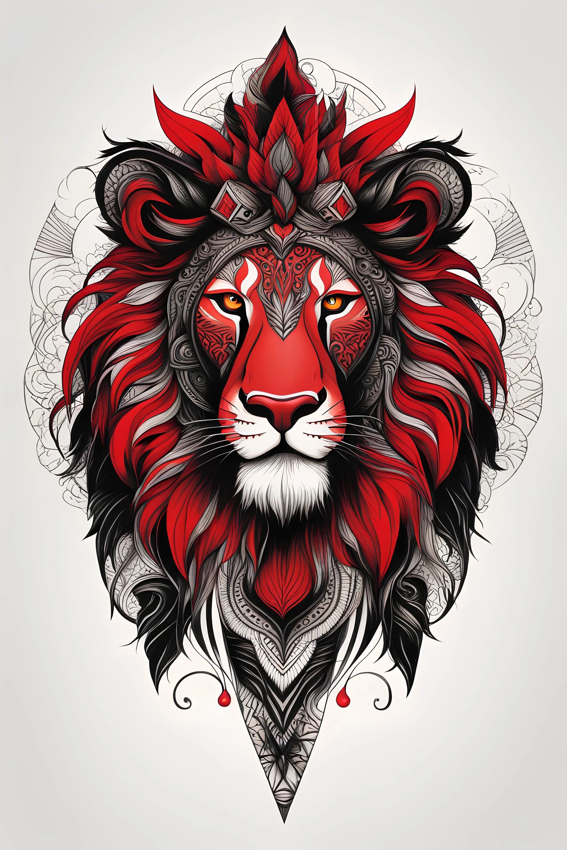 Create a captivating modern 2d black and Red ink tattoo design for print , prestigious Crazy Lion King using the elegant influences of Africa art style, for print, dynamic elements from fashion and design, and bold Africian contemporary art aesthetics, framing centered in the center, distanced from the edges of the paper perimeter, perfect anatomy, bauhaus, white background