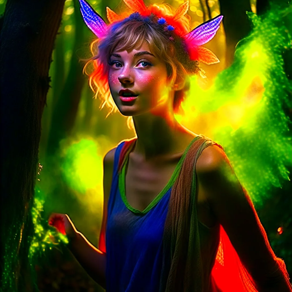 paint splatter, photorealism, a sweedish hippie pixie hovering in the underground grove glowing light, in the style of bach, 8k, down-light, soft light, depth of field, photo realism, trending on art station, high detail, smoke and fog