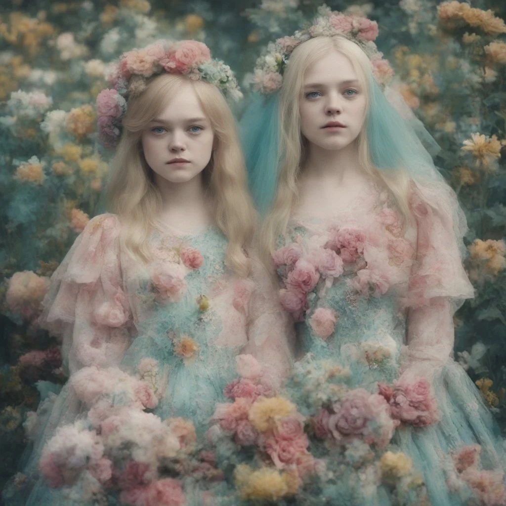 Elle fanning and dakota fanning as flowers, turquoise,, autochrome