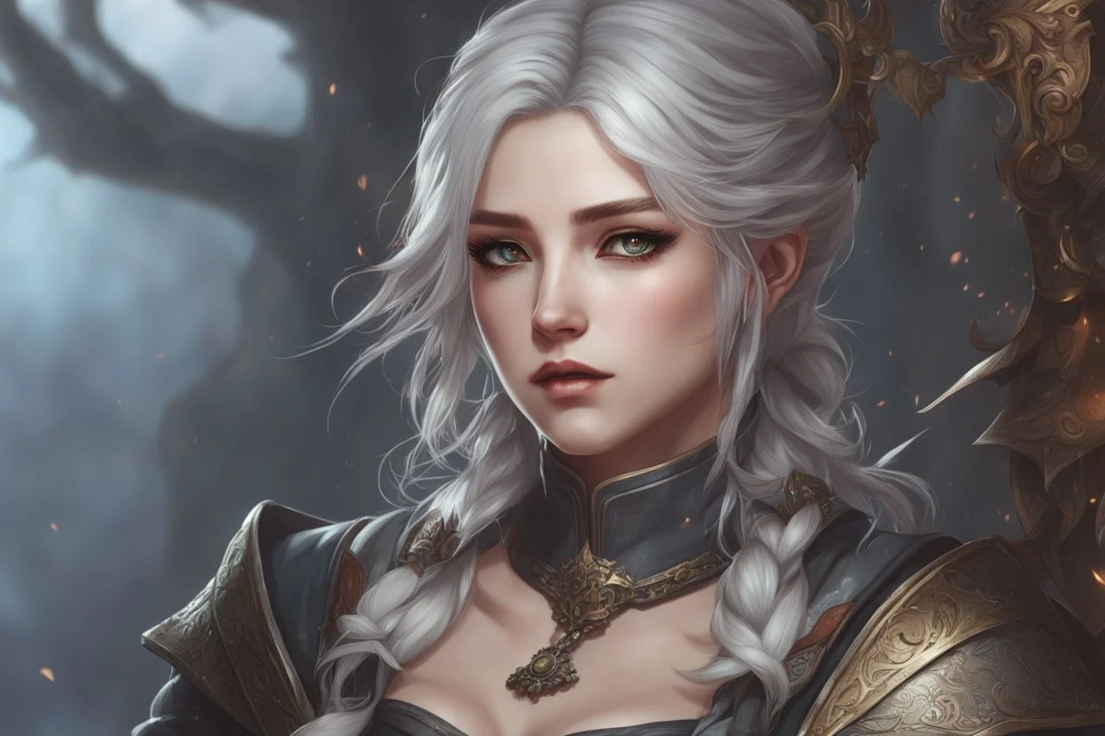 Ciri in korean mmo, smooth anime cg art, orianna, anime fantasy artwork, close picture, rain, apocalypse, intricate details, highly detailed, high details, detailed portrait, masterpiece,ultra detailed, ultra quality