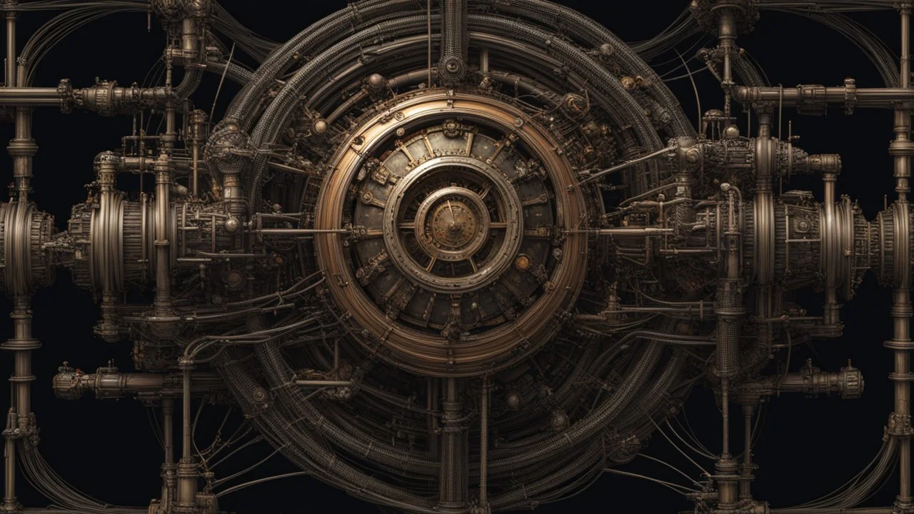 steampunk sphere with tubes, pipes, and wires floating in black space, detailed