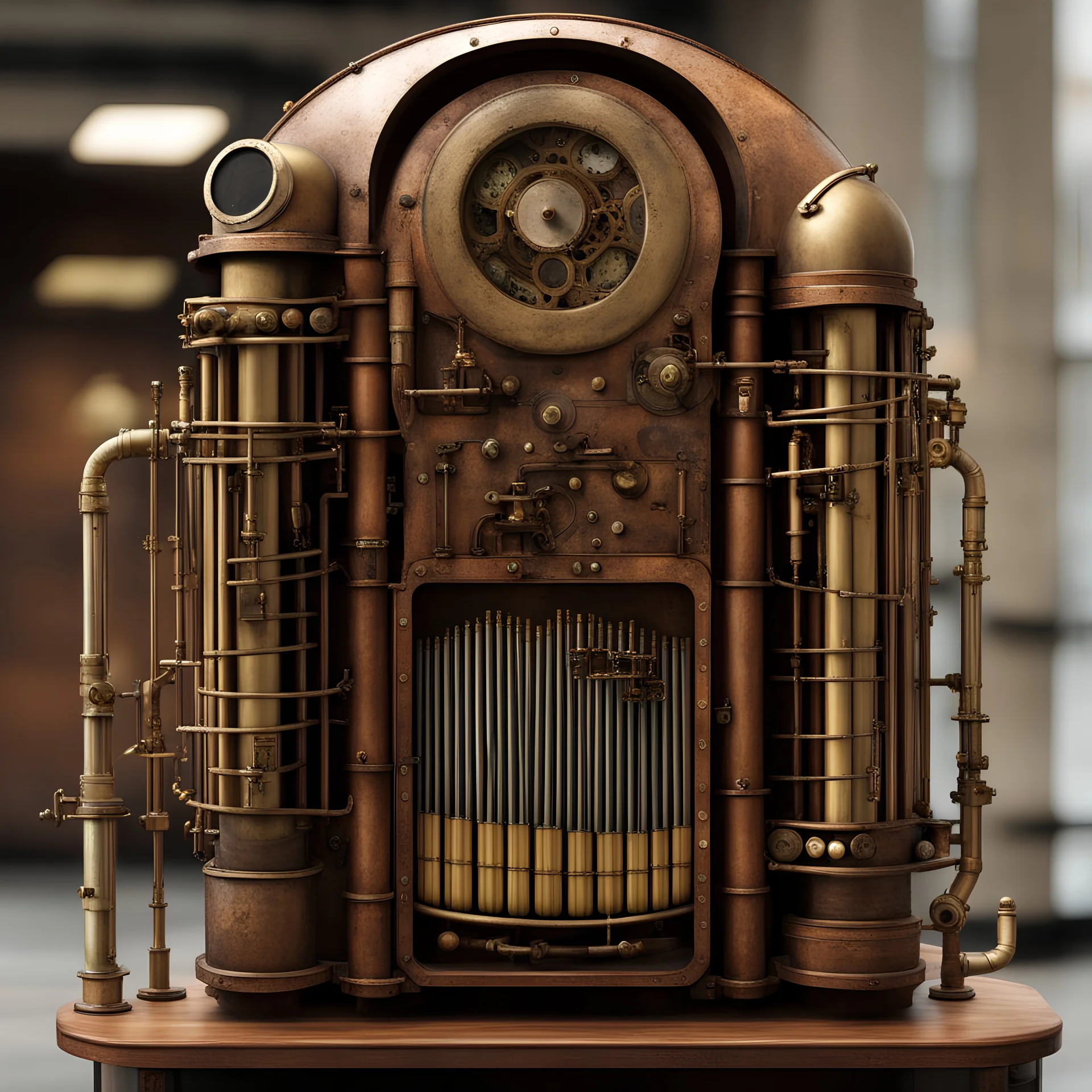 rusty steampunk styled living jukebox made from brass with some organ pipes, some metal strings and a tuba, with some mechanical limbs