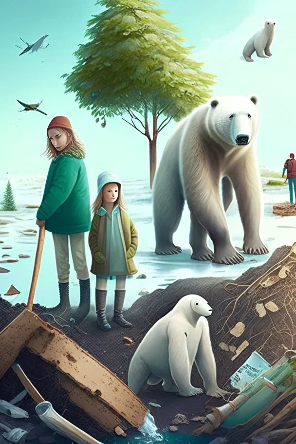 Una niña, un niño y un oso polar se unen a otros animales y personas para plantar árboles, limpiar la basura y usar energía renovable