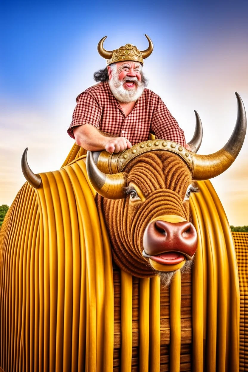 senile bull with viking helmet riding rollercoaster