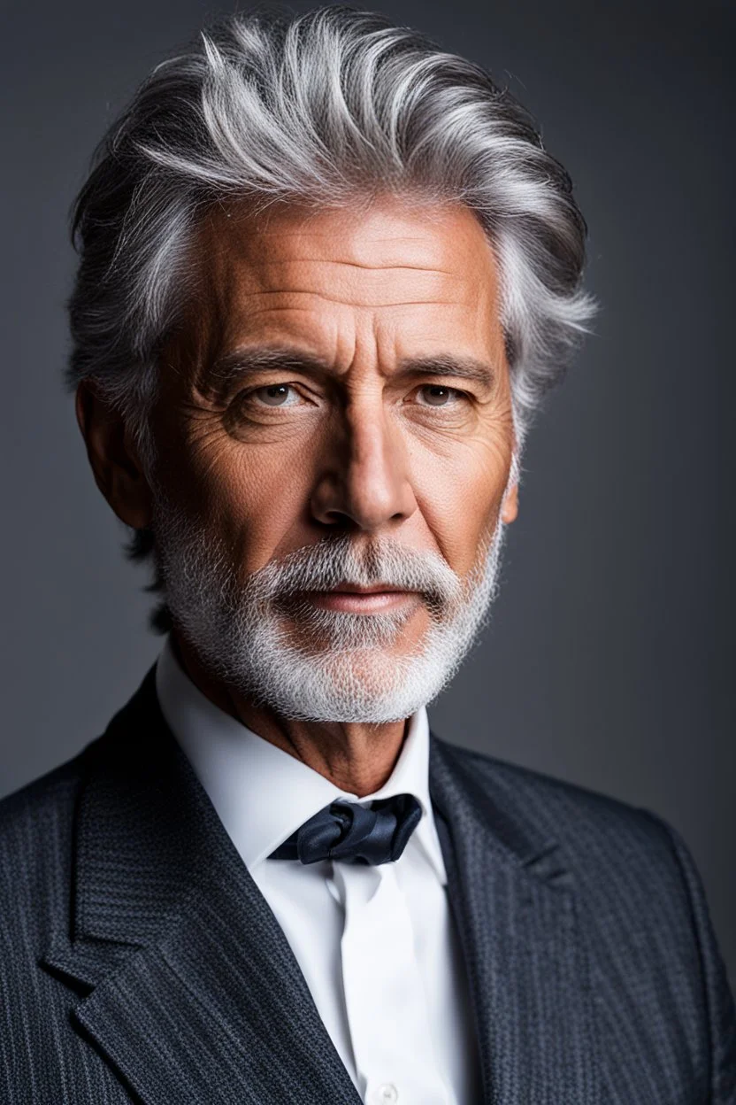 portrait of a 55 year old man with salt and pepper hair. His beard is neatly trimmed and he is smartly dressed.