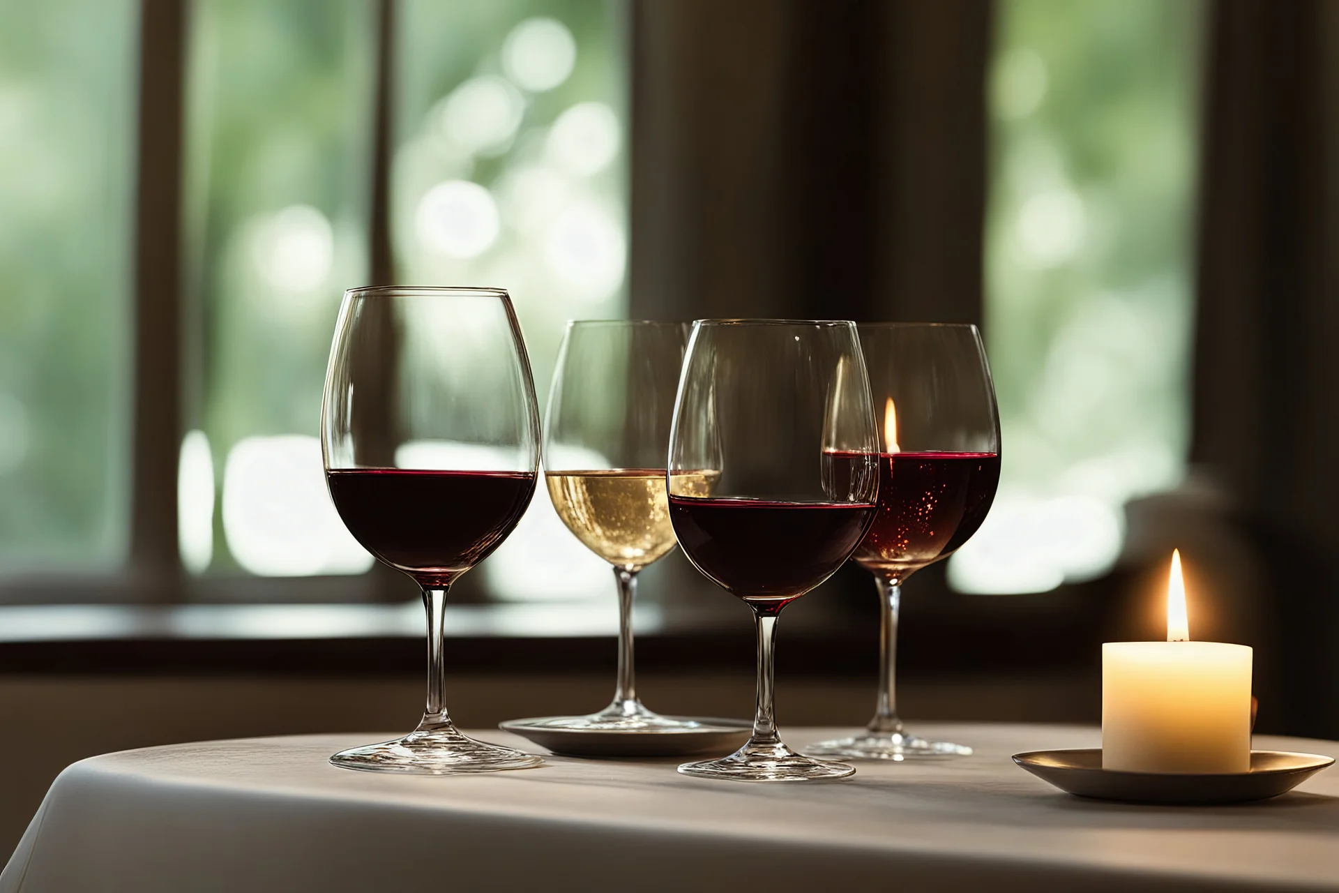 a full glass or red wine on a table next to a full glass of white wine with a candle between them