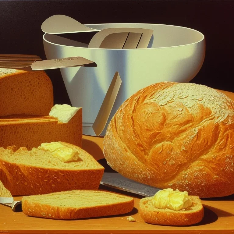 a detailed painting of bread and butter, butter in dish, with butter knife, 1 9 7 0 s, oil on canvas, pop art