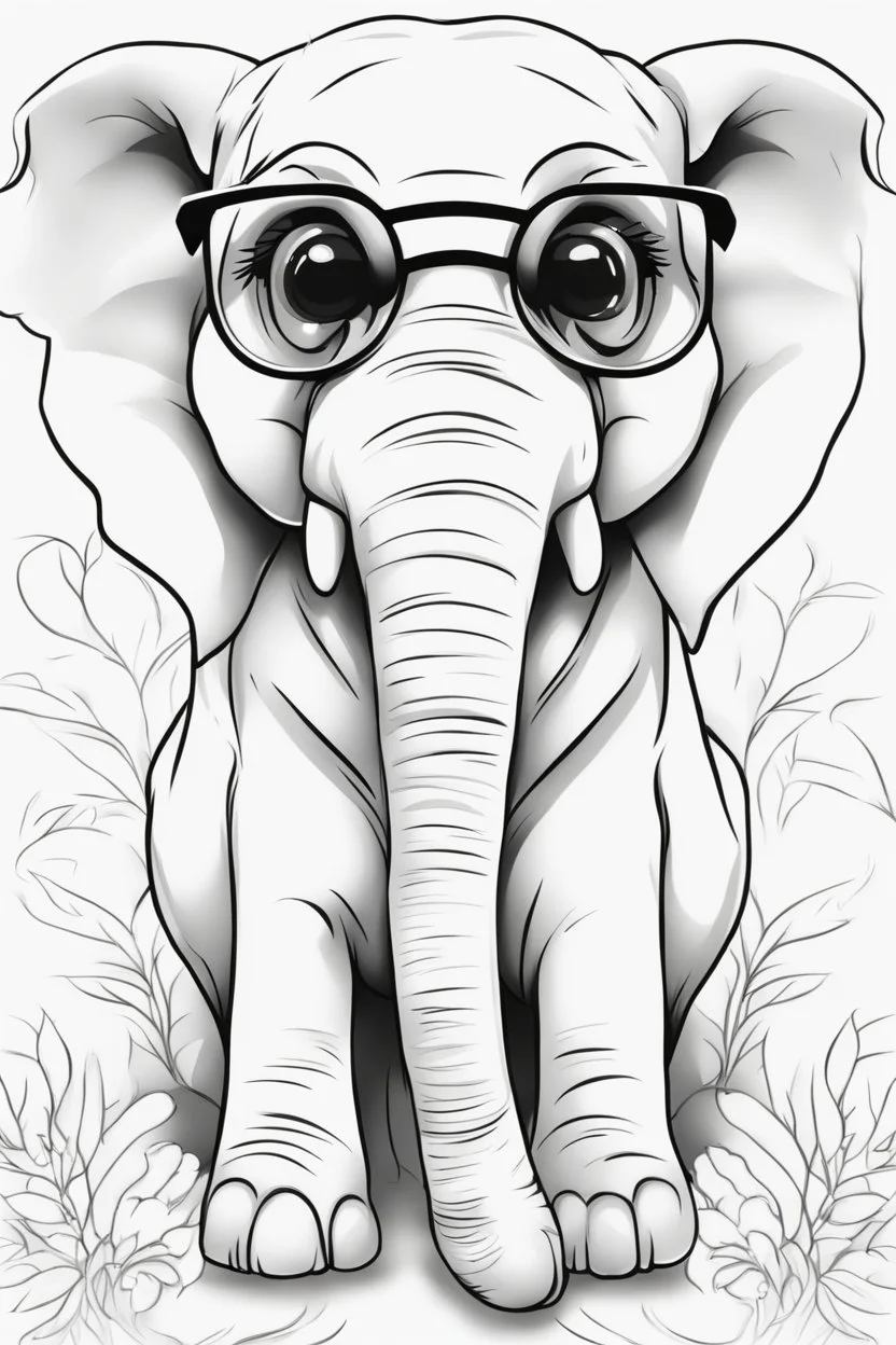 Outline art for cute coloring pages with elephant with glasses, full body, white background, sketch style, only use outline, clean line art, no shadows and clear and well outlined.