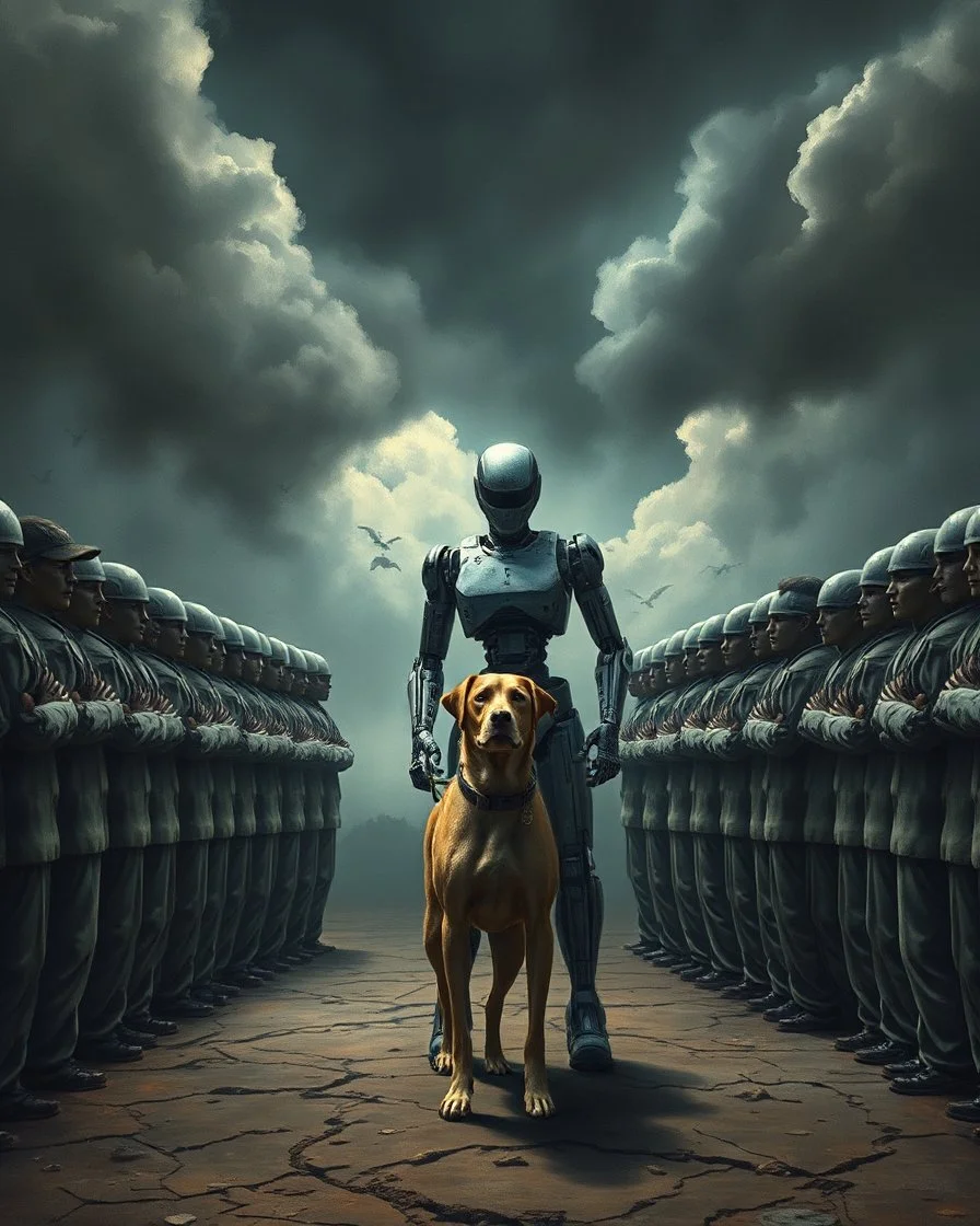 Bosch painting style, nightmare , prisoners lined up in circle , one after another , in the middle a an Ai robot as guard with a dog , great quality picture with cinematic scenes , heavy clouds in the background