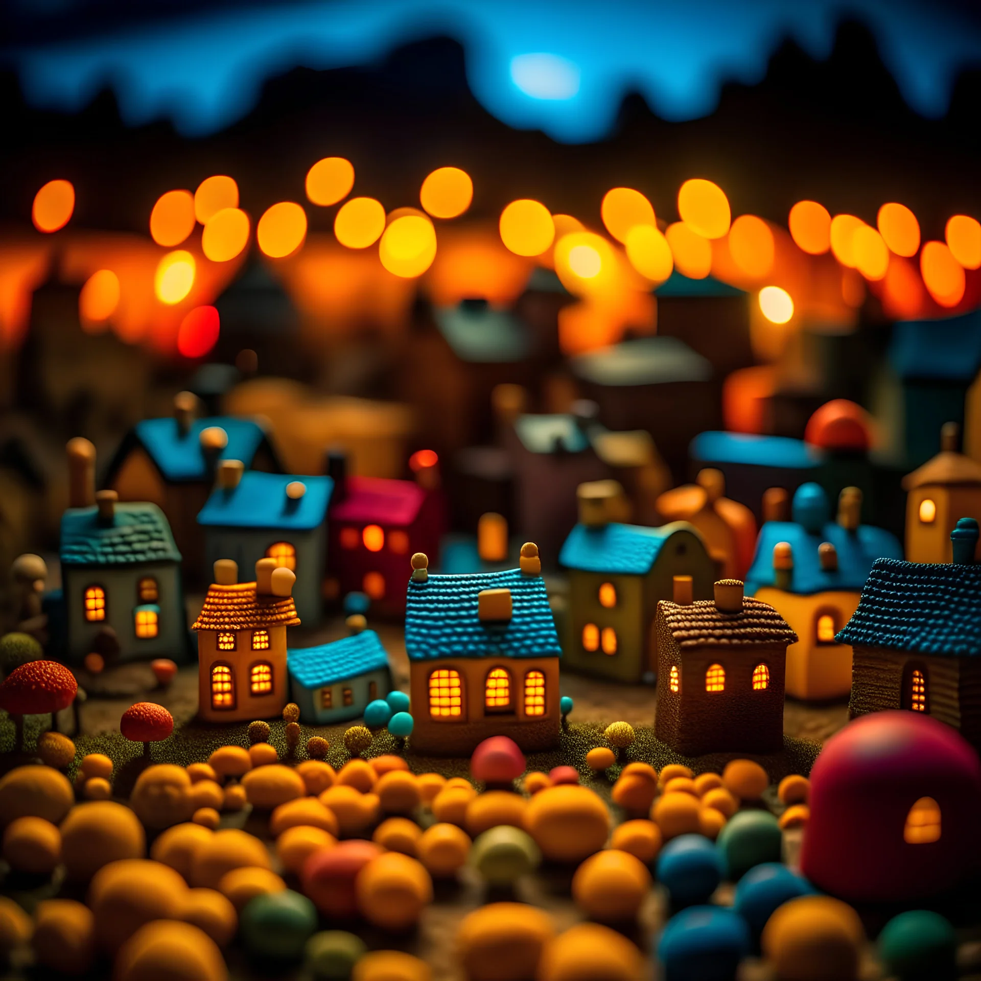 Odd dada village made of modeling clay, odd, sky filled with galaxies, stars and planets, block colours, houses, naïve, Tim Burton, Harry Potter, surreal landscape, sharp focus, colorful, bokeh, 8k, highly detailed, large format film, medium format film, shot on Hasselblad