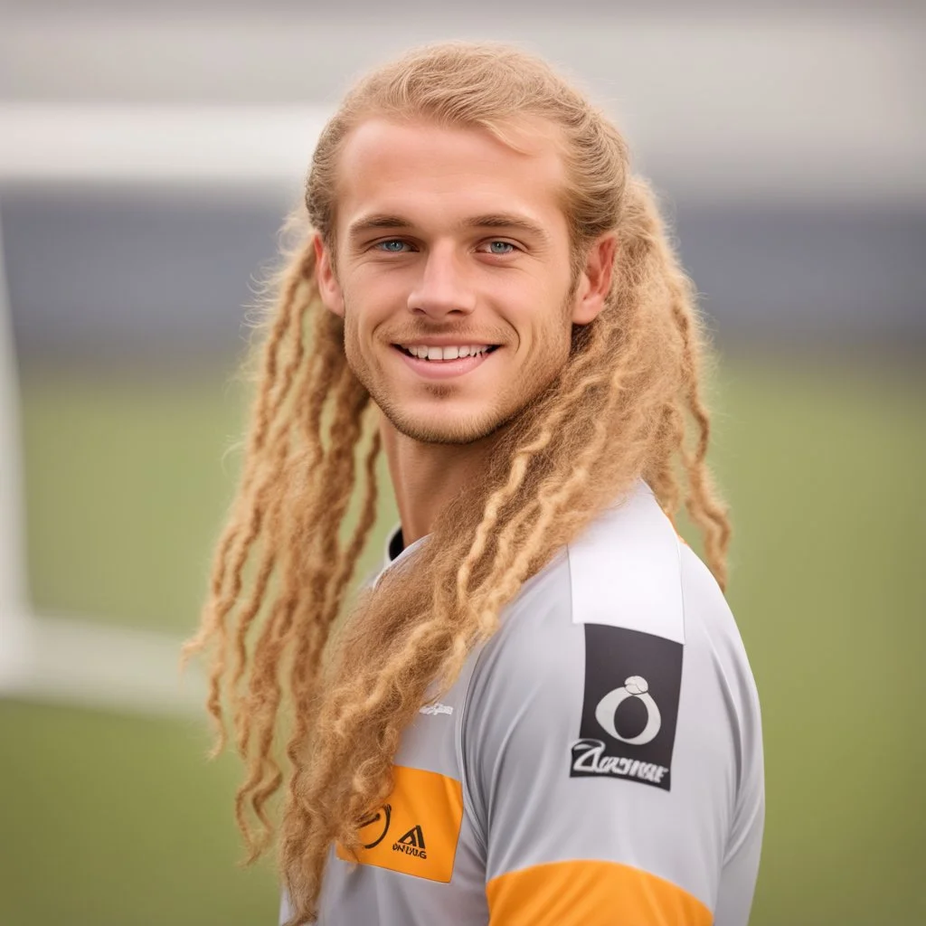 85mm DSLR color photography of a very detailed headshot fitting all of head and hair in frame. 22-year-old Germen soccer player, with blonde hair color and no facial hair and has long curly hair with a small smile, grey background