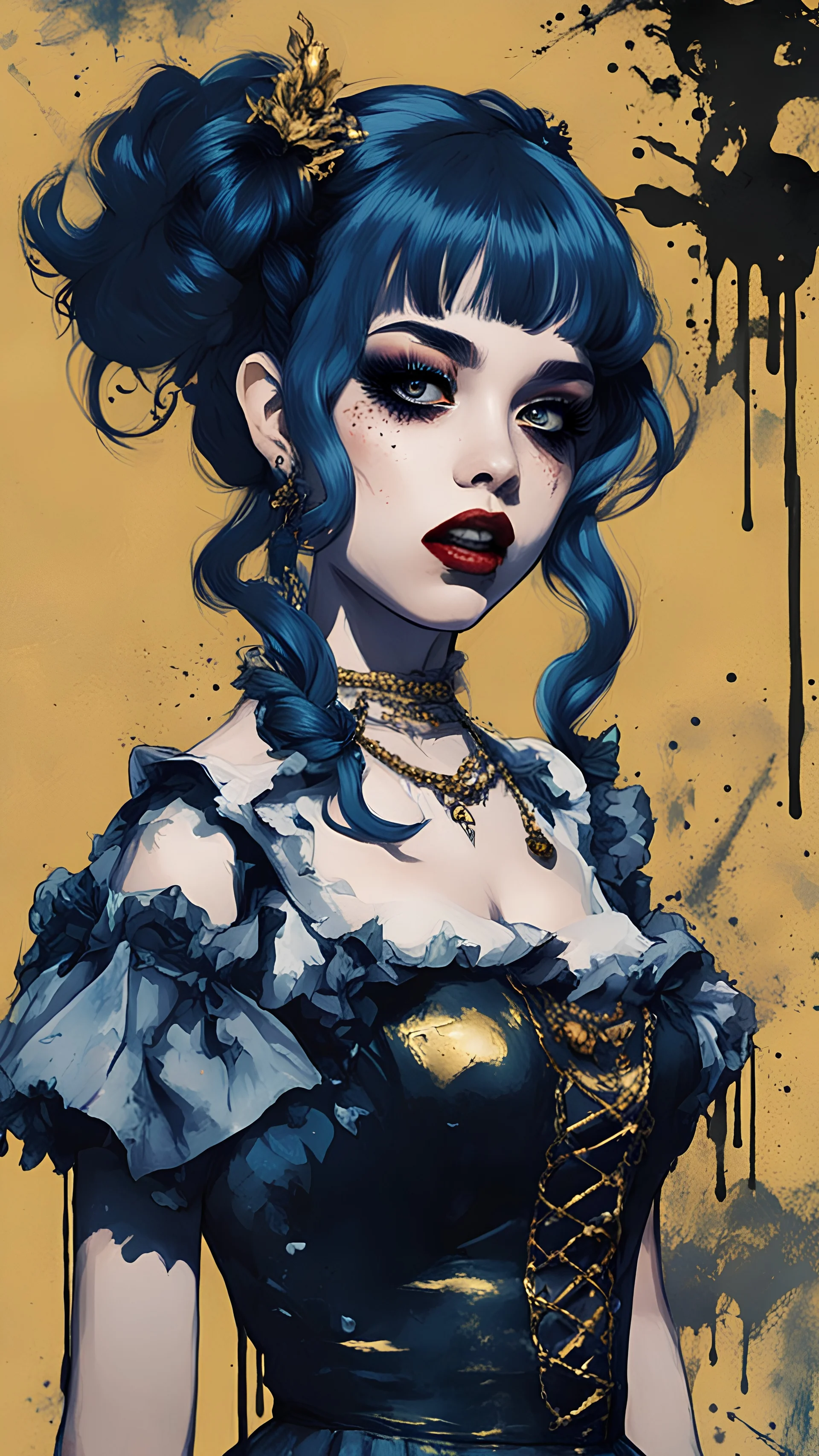 Poster in two gradually, a one side malevolent goth vampire girl face and other side the Singer Melanie Martinez face, full body, painting by Yoji Shinkawa, darkblue and gold tones,