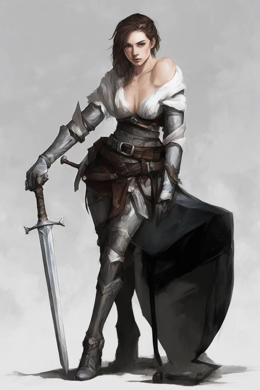 A female cleric dressed for the cold with a sword.