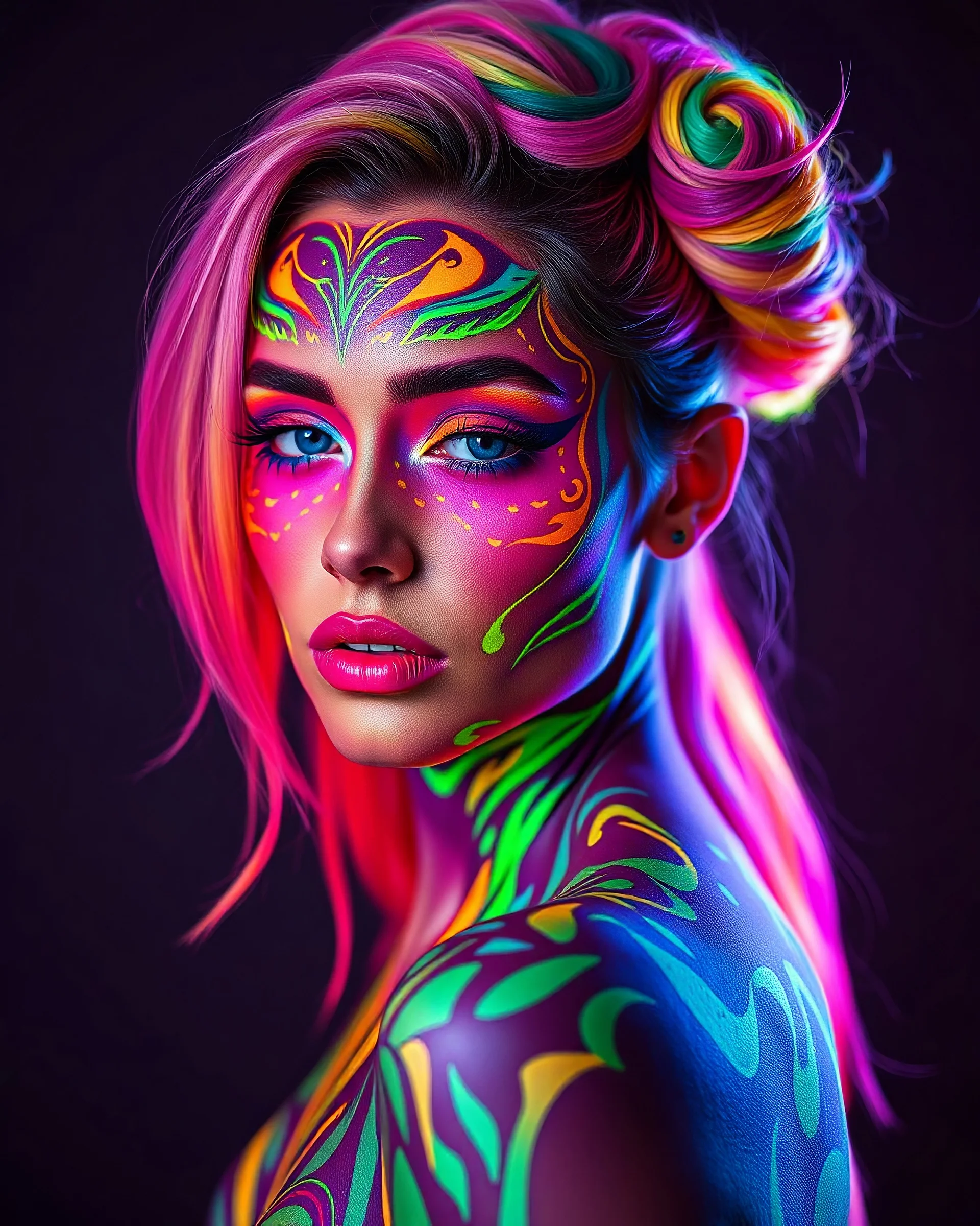 a striking model with colorful hair and body paint, professional body paint, colorfull digital fantasy art, psychedelic goddess, neon light and fantasy,colorful glow, bodypaint, full body art, body paint, full body painting, fullbody painting, vibrant fantasy style, glowing neon skin, glowing with colored light, neon ink, bold and vivid colors, high-definition resolution, professional photography, dramatic lighting to enhance neon shades, Vibrant neon body paint art, intricate eyeshadow design,