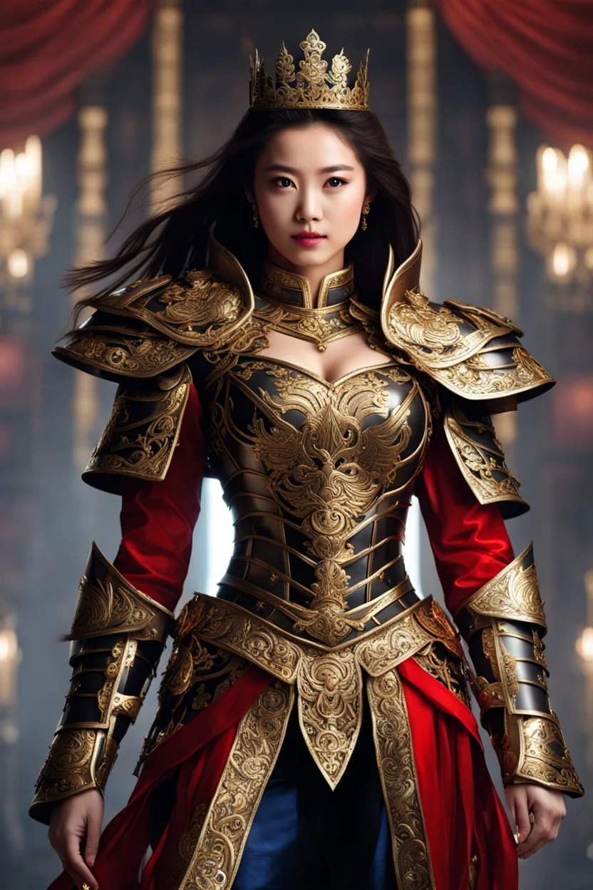 Realistic photography,front view, Beautiful Queen Warrior super model Pretty European Chinese Woman, brown hair,dressing luxury party gown,looking at viewer,traditional dress ornaments mechanical armor china traditional, intricate armor, delicate golden shine bright, black metalic parts, detailed part, jewelry diamonds,dynamic pose,abstrac background, dynamic lighting, red hour, full body portrait