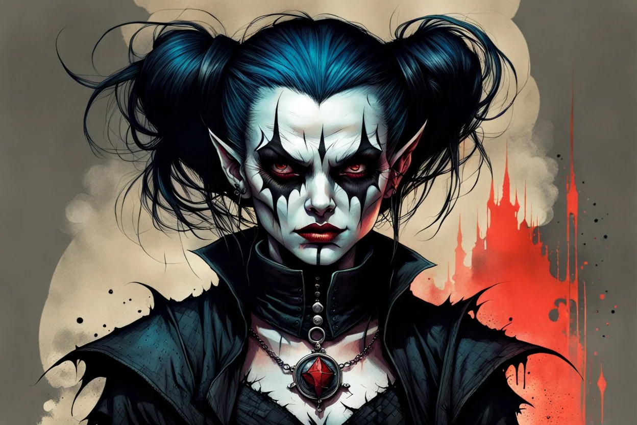 create a highly ethereal, darkly magical full body portrait illustration of a ragged malevolent female goth vampire , with highly detailed and deeply cut facial features, in the the style of JEAN-BAPTISTE MONGE and BILL SIENKIEWICZ, searing lines and forceful strokes, precisely drawn, boldly inked, with vibrant colors