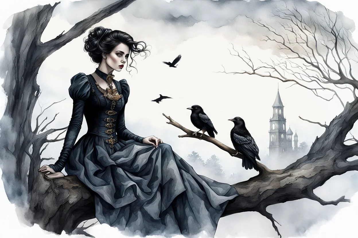 hyper realistic watercolor art style with ink of a steampunk gothic style young woman. She is like doll with pale skin, big dark eyes, tiny nose, tiny mouth, dark hair in gothic dress sitting on a dry tree branch. deep, dark colors, her face is melancholic, surreal with mysterious elements. fog, barren landscape, crows in the gray sky, thriller, weird style, smooth blending, extremely detailed, realistic textures, cinematic, dramatic lighting